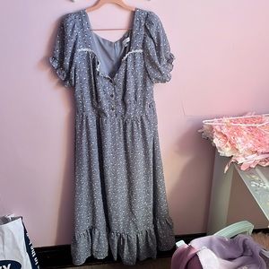 Gray Puff Sleeve Midi Dress with Ruffle Hem